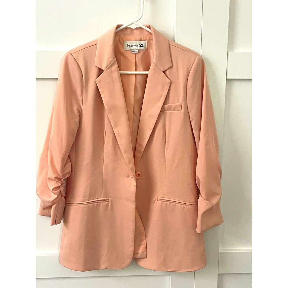 Forever 21 Women's Pink Blazer L Button Front Lined Pockets 3/4 Sleeve